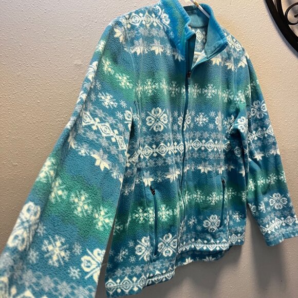 Talbots Womens Full-Zip Fleece Jacket L Snowflake Print Blue & Green - Picture 4 of 8